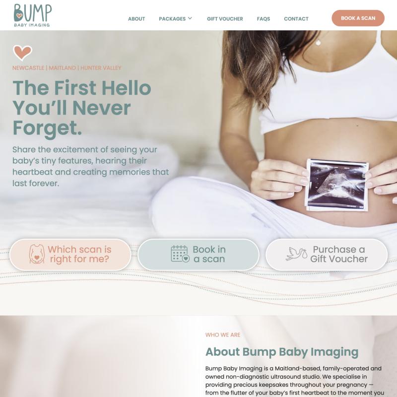 Bump Baby Imaging home page: the headline 'The First Hello You’ll Never Forget' beside a pregnant woman holding an ultrasound photo, with three rounded buttons below
