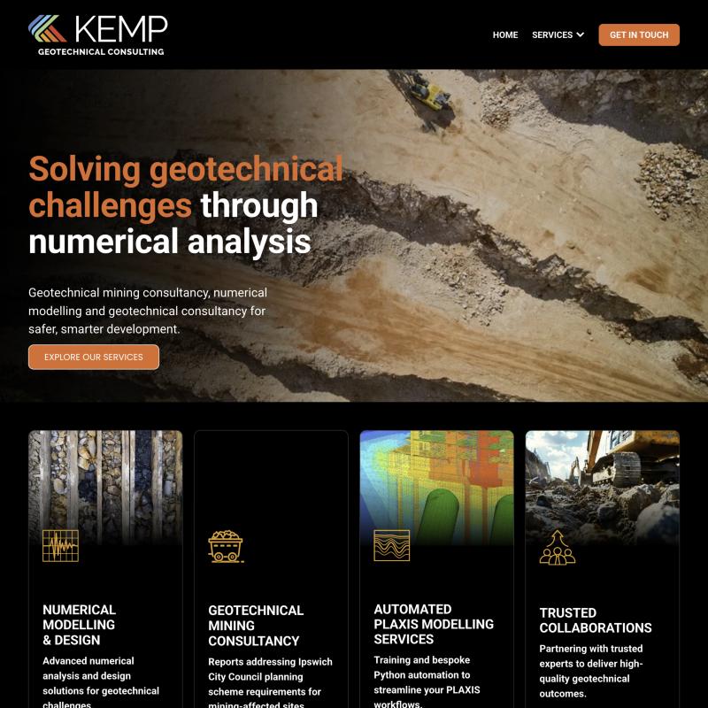 Kemp Geotechnical Consulting home page: a dark layout with the headline 'Solving geotechnical challenges through numerical analysis' over an aerial photo of a mine site